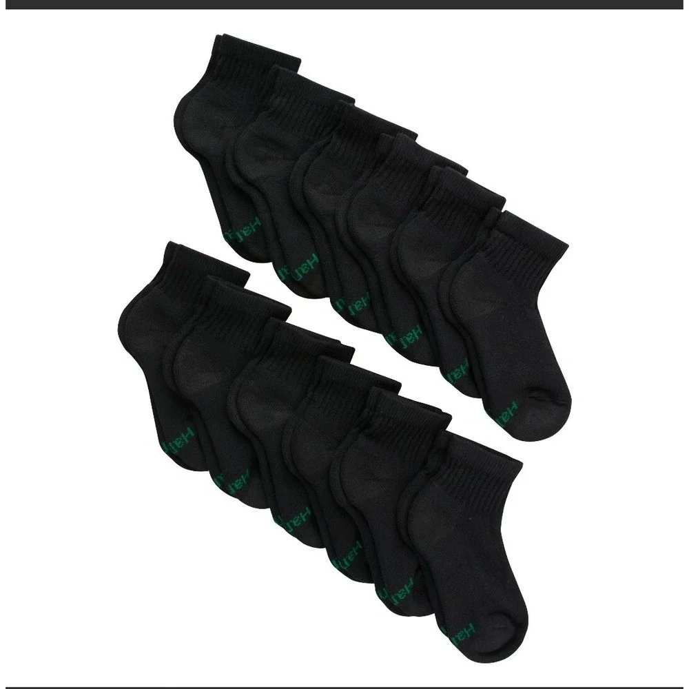 Hanes Boys' Cushioned Ankle Socks 12-Pack - Black -‎ Sz Medium 9- 2.5